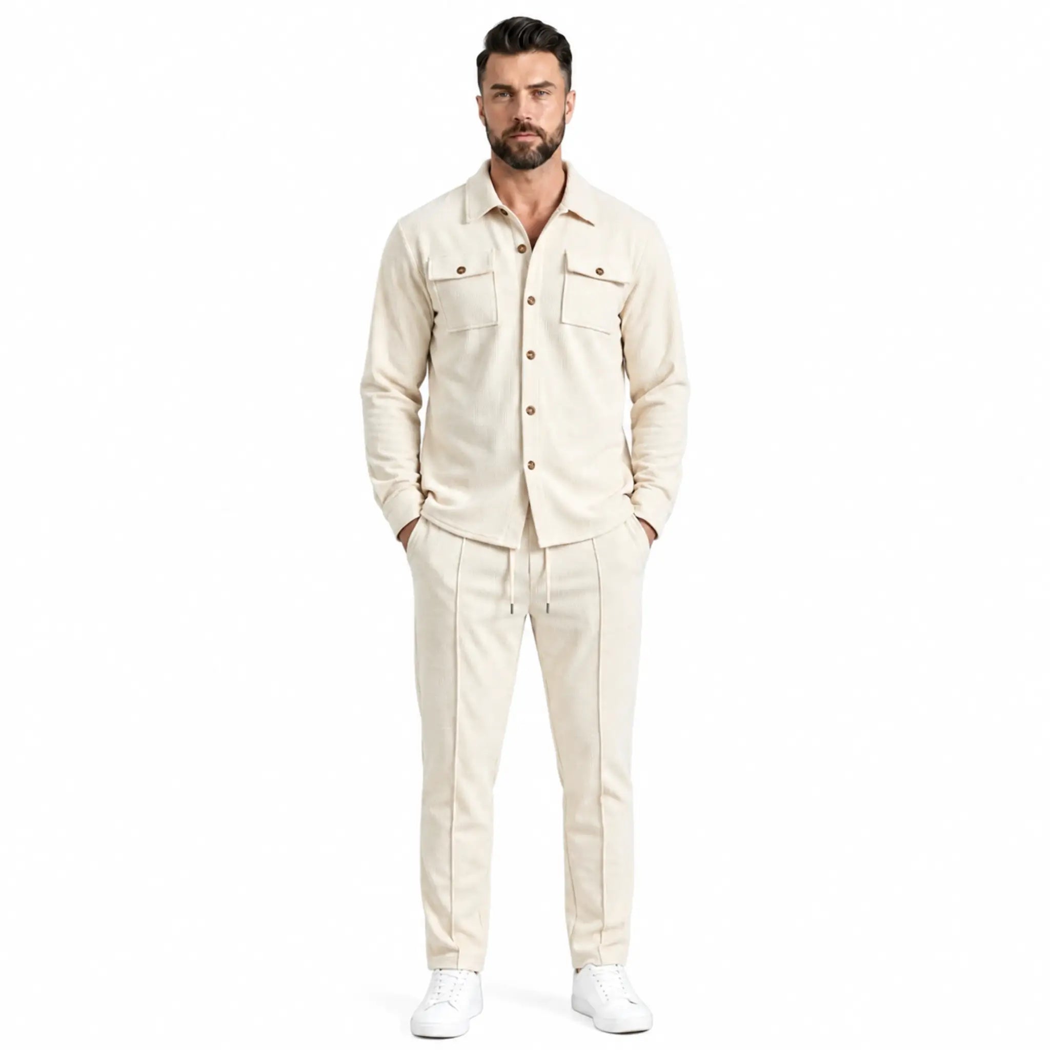Men's khaki waffle knit two-piece set, full-length front view