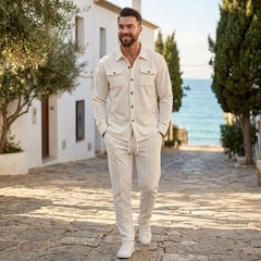 Khaki waffle knit set worn walking a seaside village street