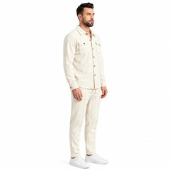 Men's khaki waffle knit two-piece set, side view