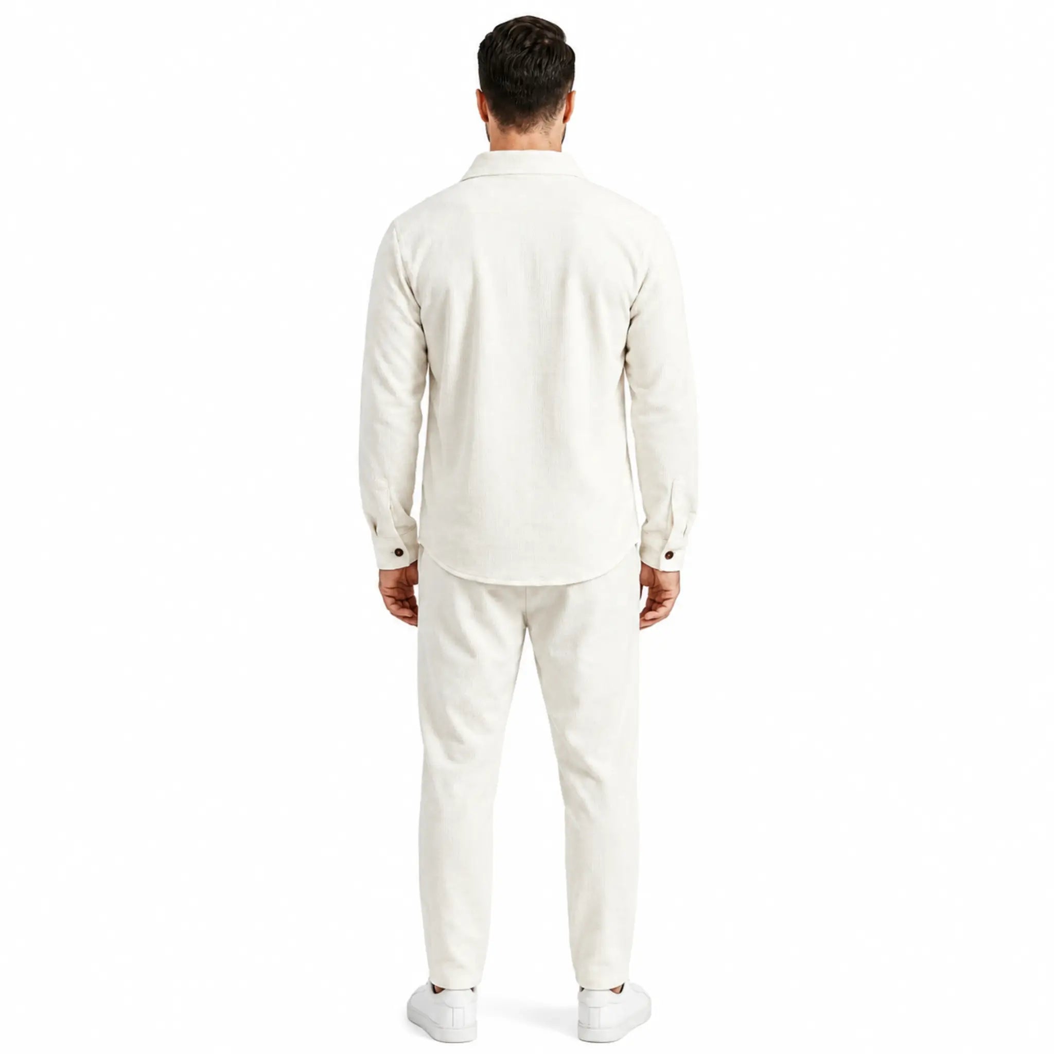 Men's white waffle knit two-piece set, back view