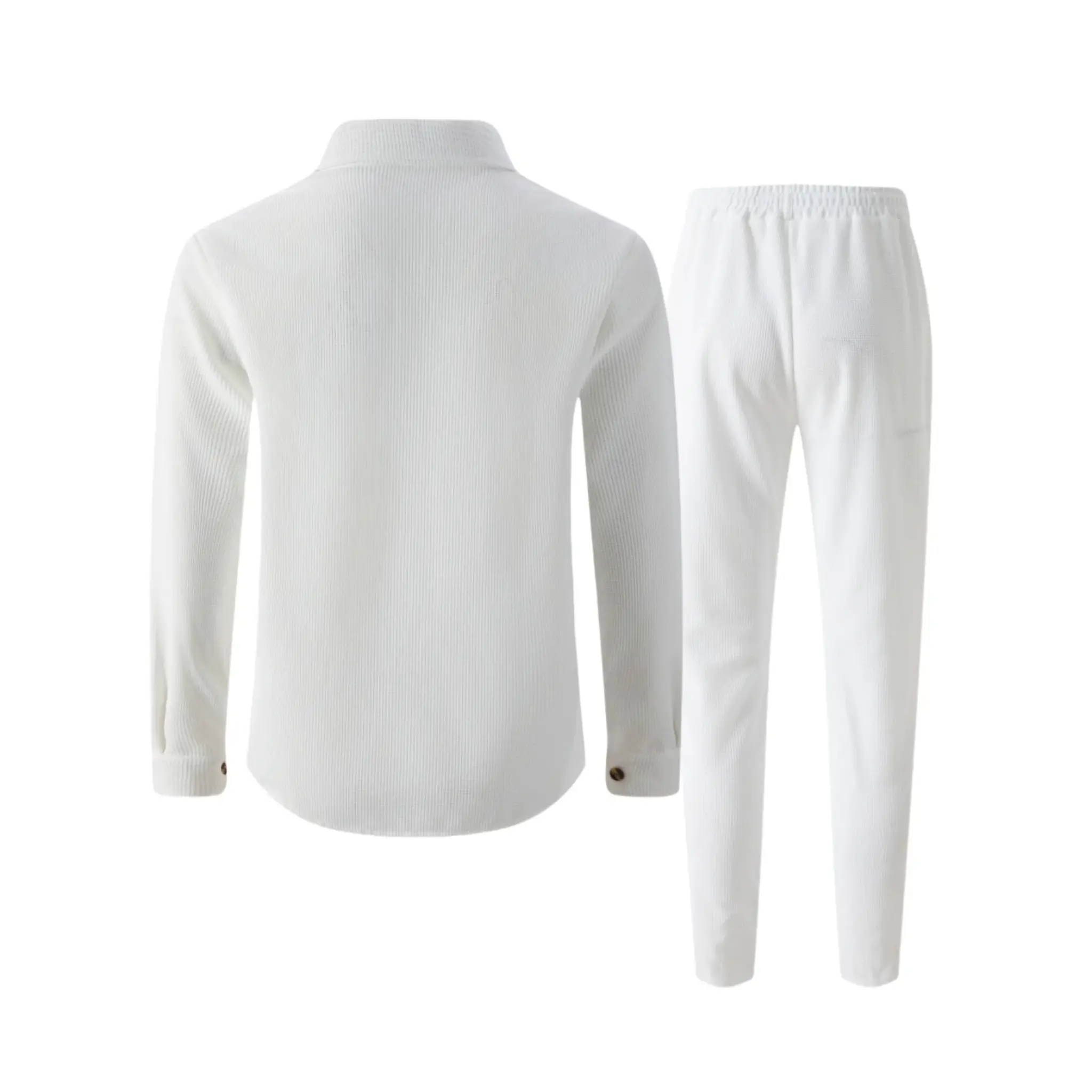 White waffle knit shirt jacket and trousers flat lay, back view