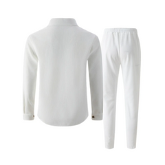 White waffle knit shirt jacket and trousers flat lay, back view