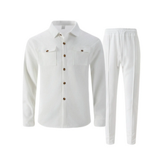 White waffle knit shirt jacket and drawstring trousers flat lay, front