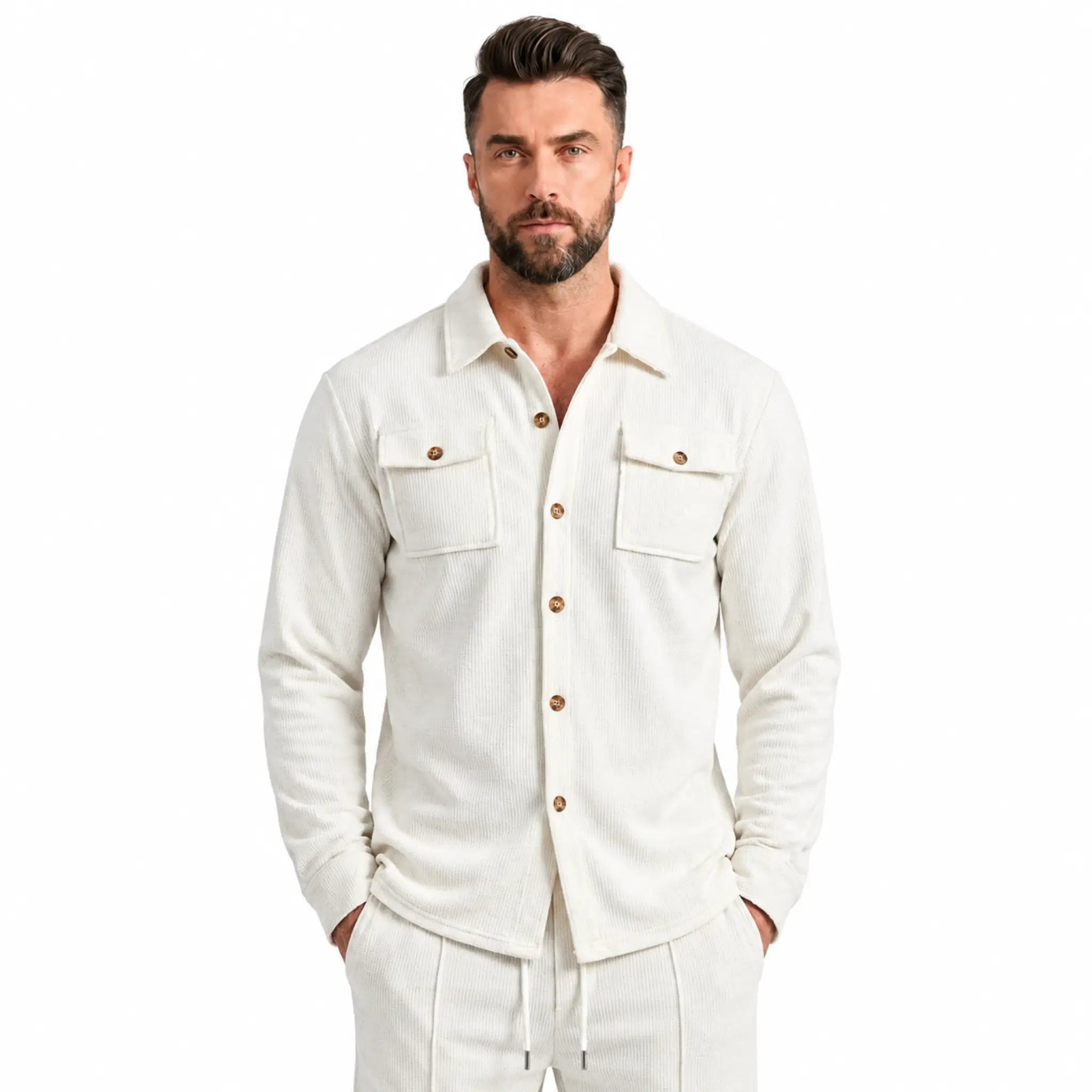 White waffle knit shirt jacket with chest flap pockets, front close-up