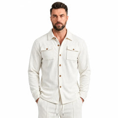 White waffle knit shirt jacket with chest flap pockets, front close-up