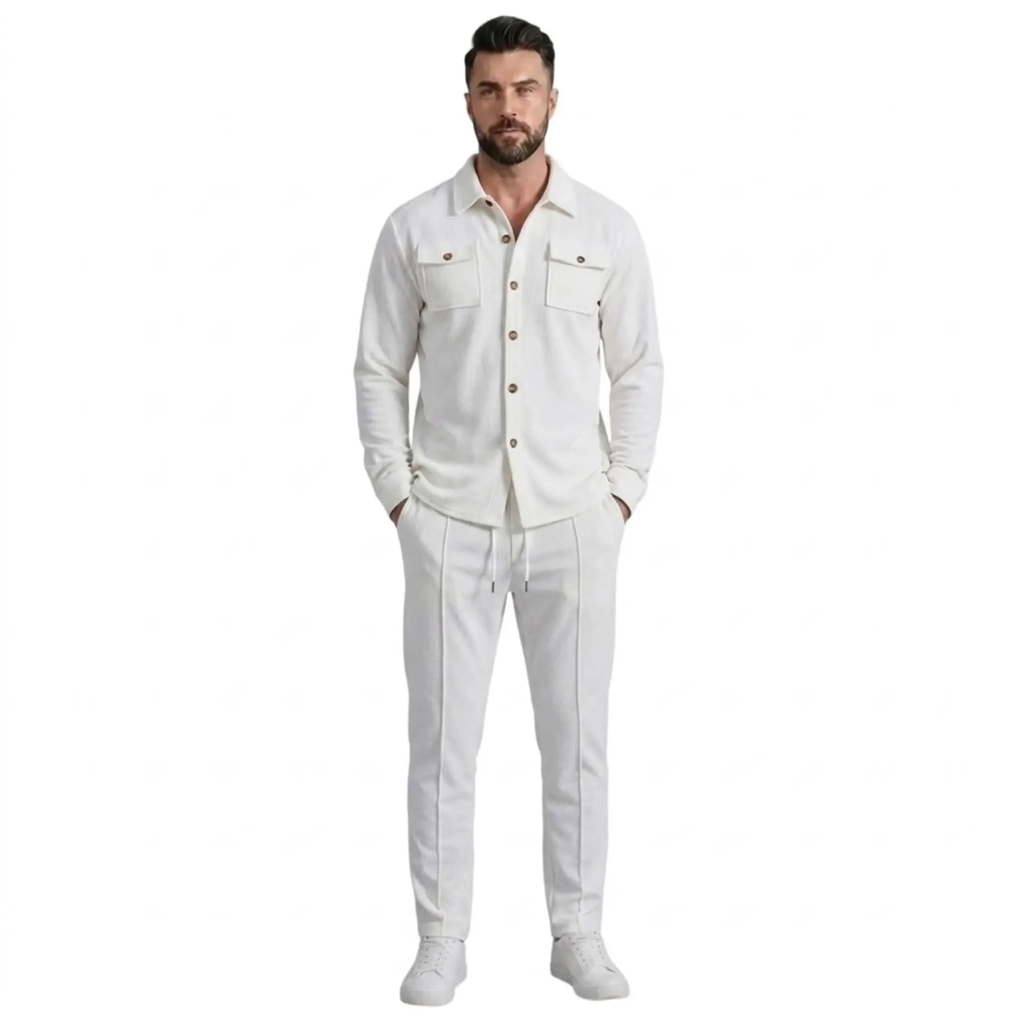 Men's white waffle knit two-piece set, full-length front view