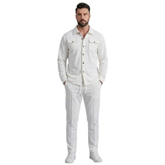 Men's white waffle knit two-piece set, full-length front view