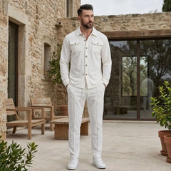 White waffle knit set worn on a stone terrace outdoors