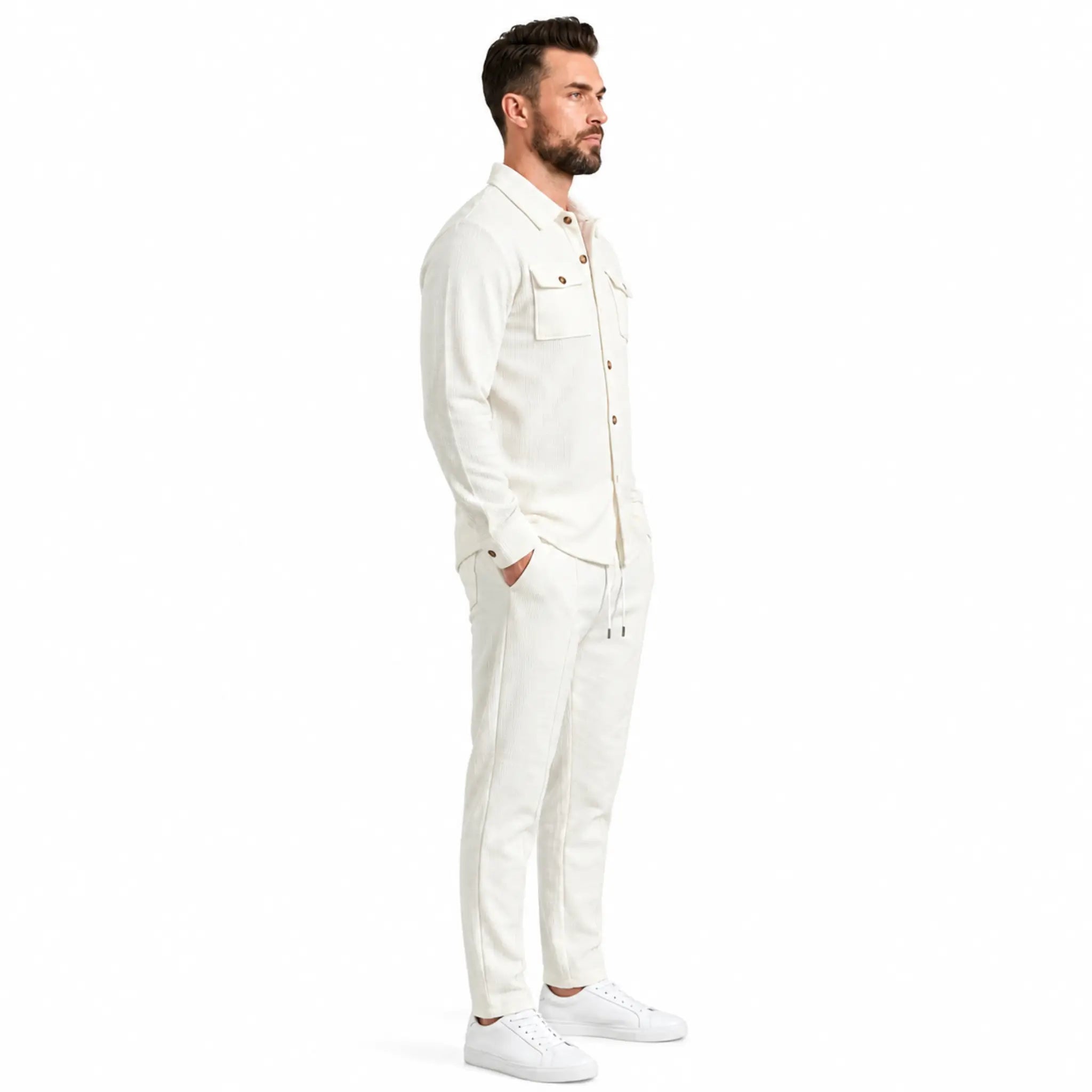 Men's white waffle knit two-piece set, side view