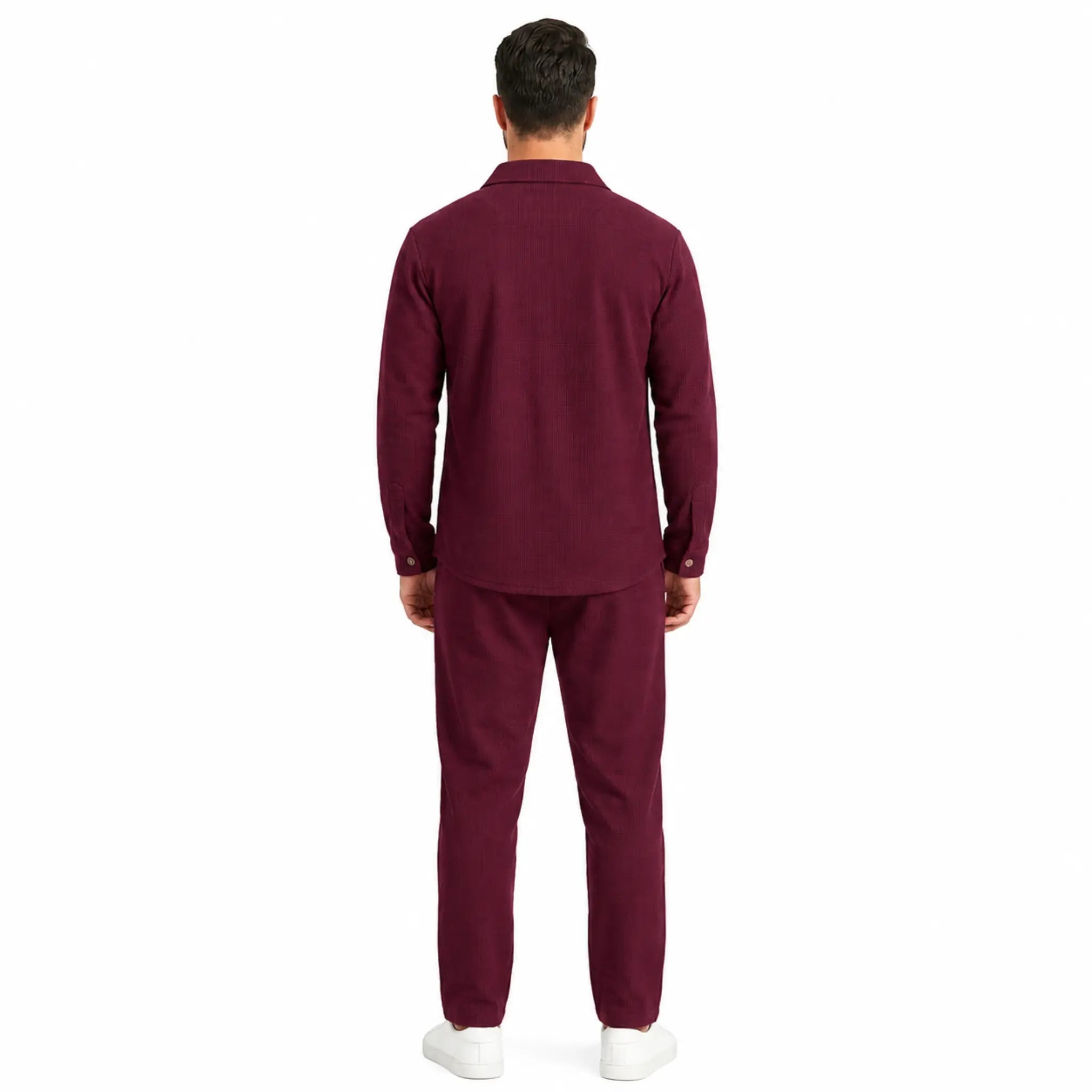 Men's wine red waffle knit two-piece set, back view