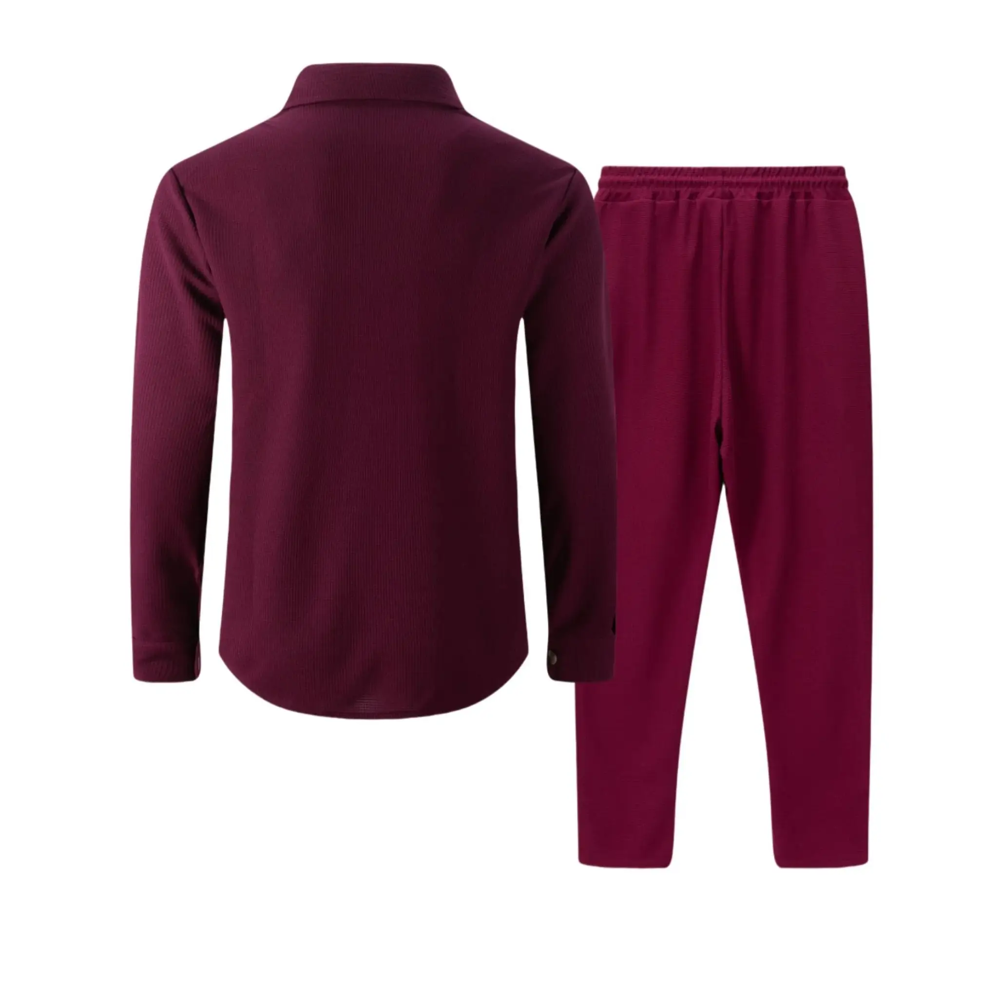 Wine red waffle knit shirt jacket and trousers flat lay, back view