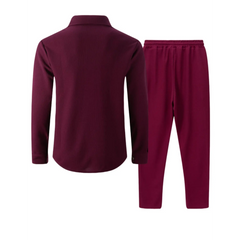 Wine red waffle knit shirt jacket and trousers flat lay, back view