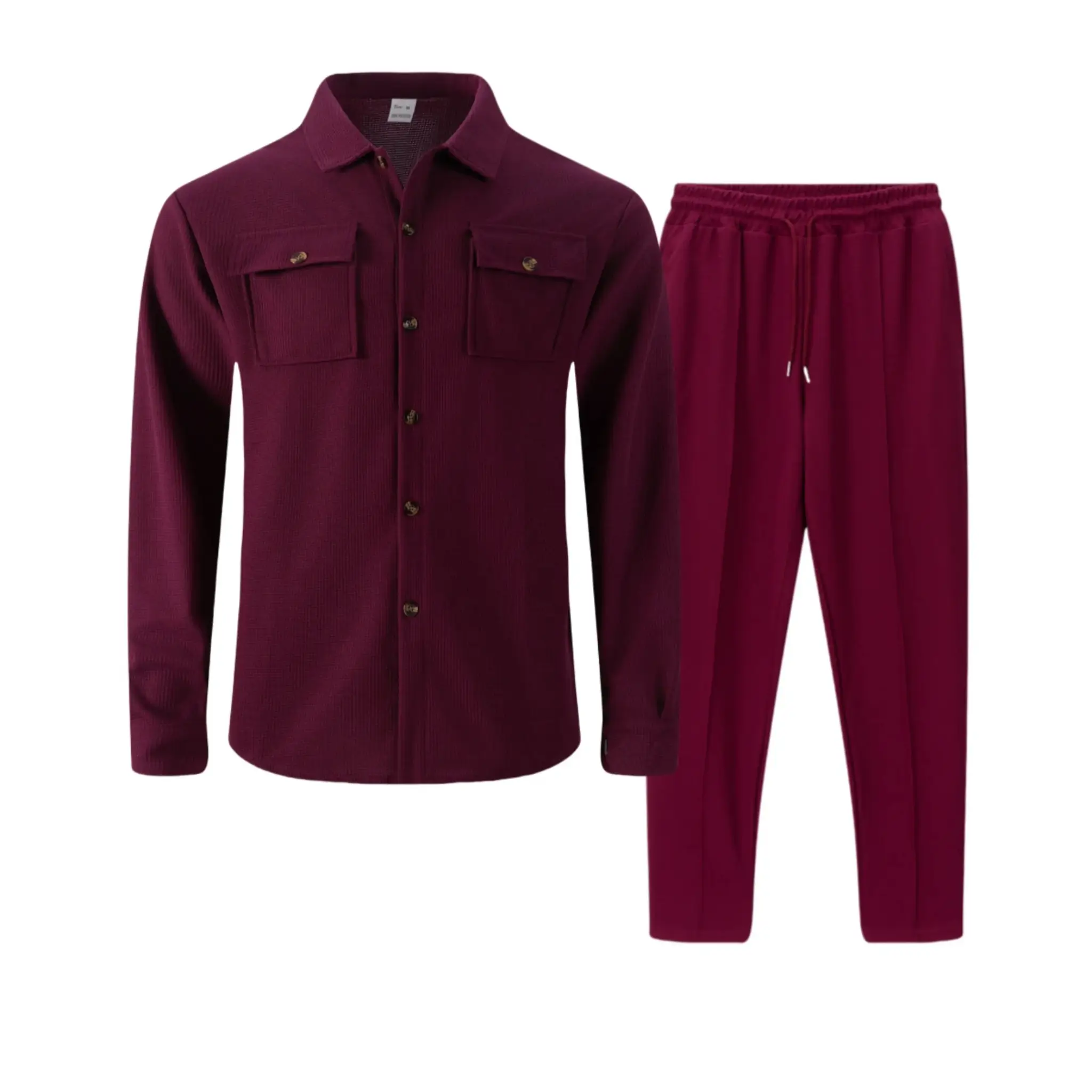 Wine red waffle knit shirt jacket and drawstring trousers flat lay, front