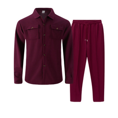 Wine red waffle knit shirt jacket and drawstring trousers flat lay, front