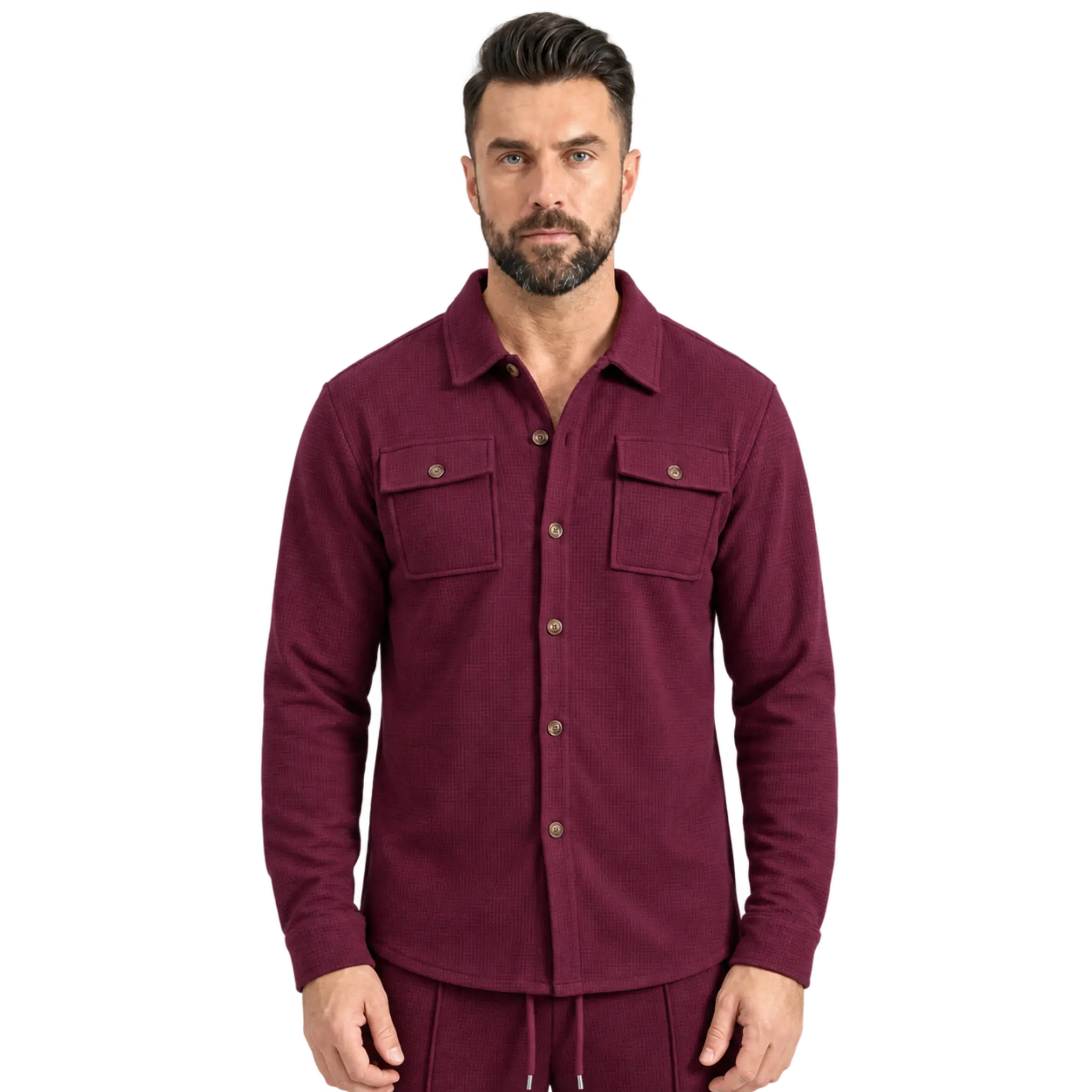 Wine red waffle knit shirt jacket with chest flap pockets, front close-up