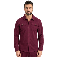 Wine red waffle knit shirt jacket with chest flap pockets, front close-up