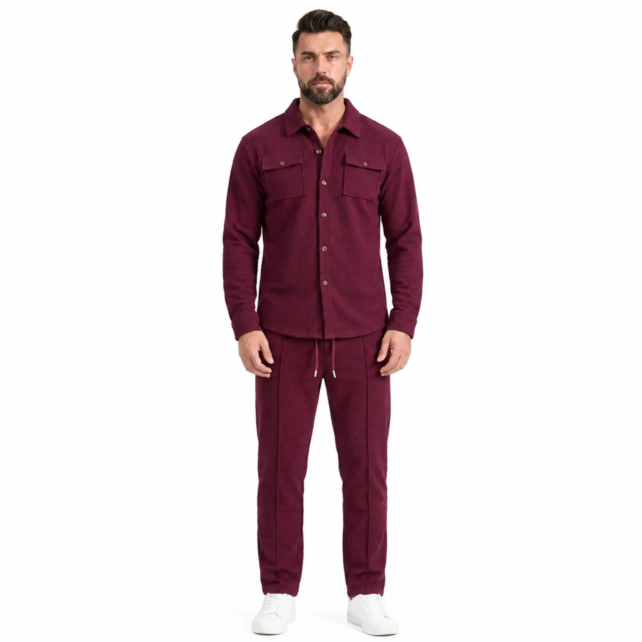 Men's wine red waffle knit two-piece set, full-length front view