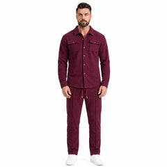 Men's wine red waffle knit two-piece set, full-length front view
