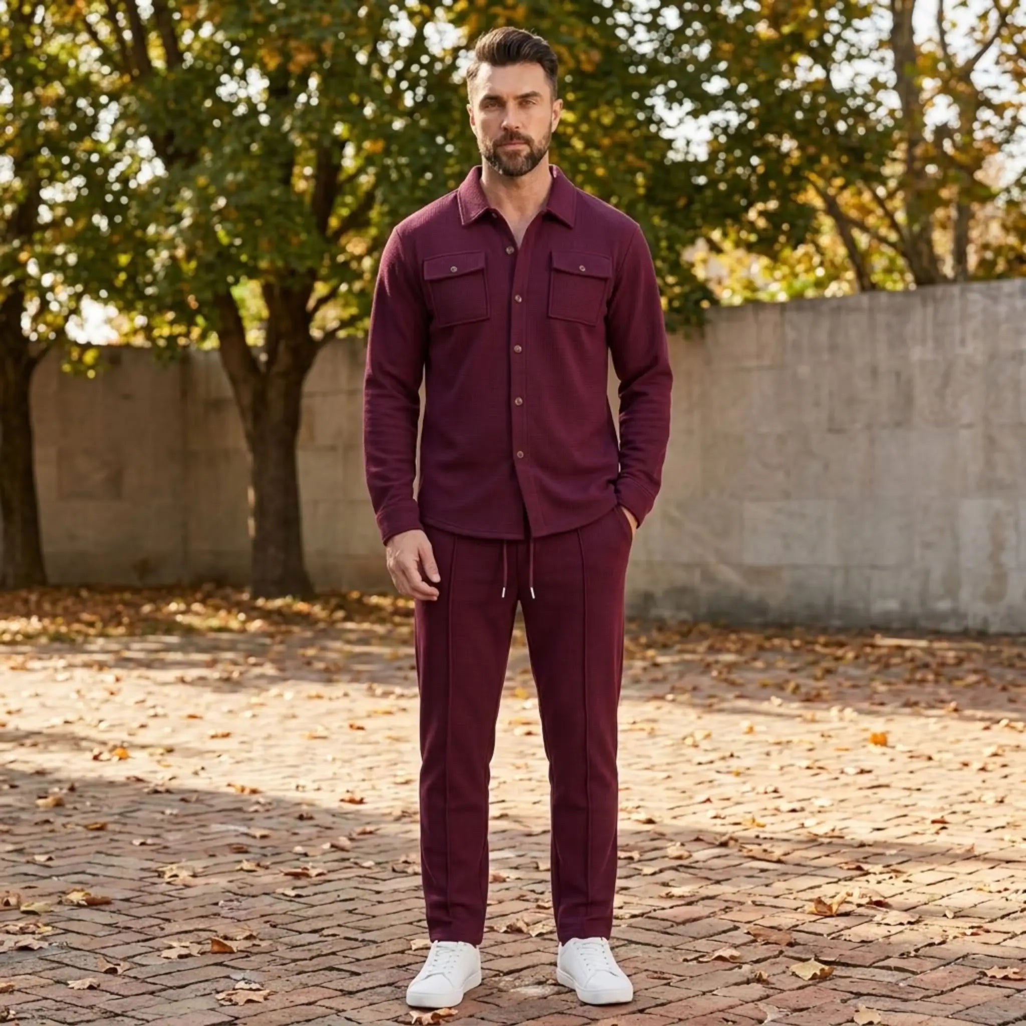 Wine red waffle knit set worn outdoors in an autumn park