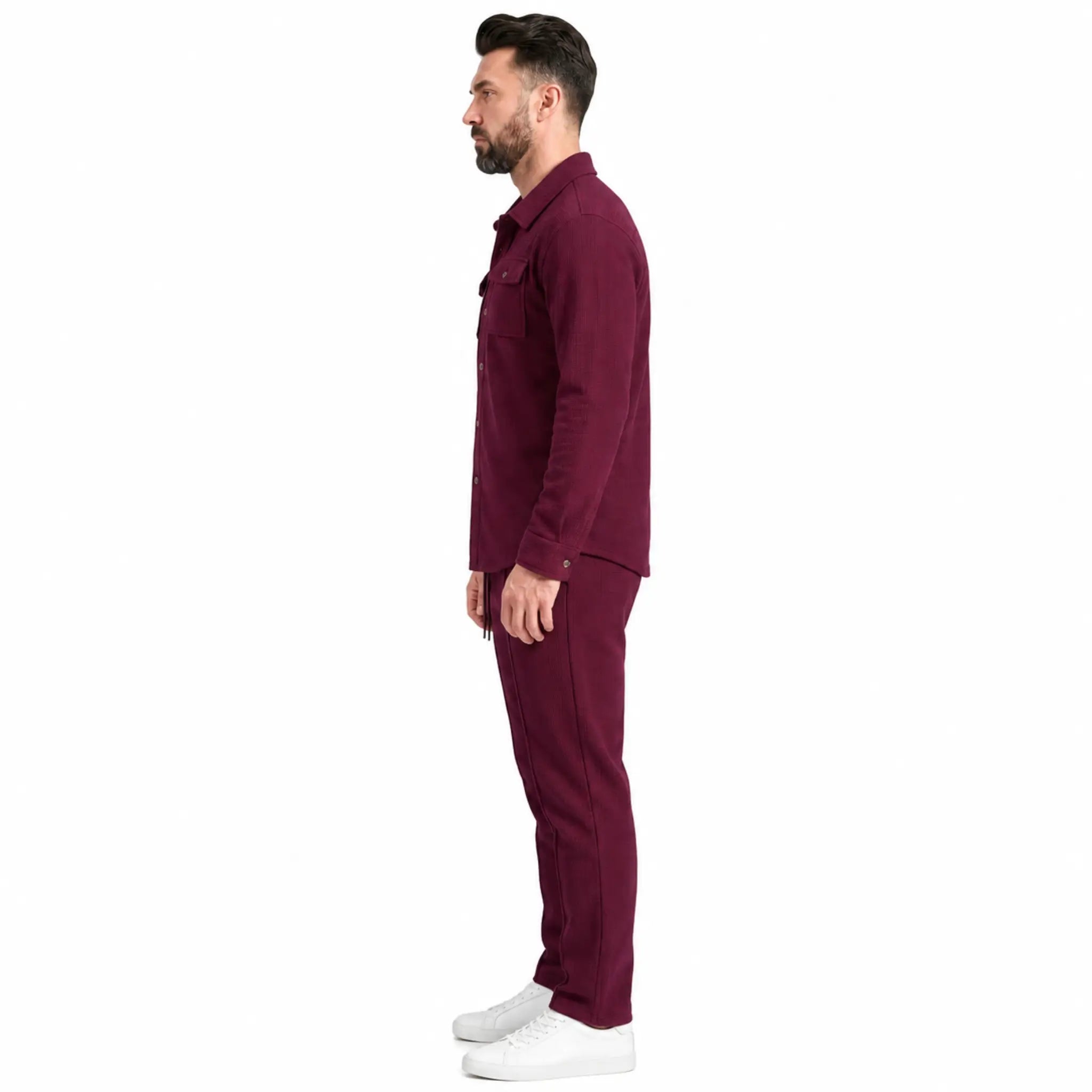Men's wine red waffle knit two-piece set, side view