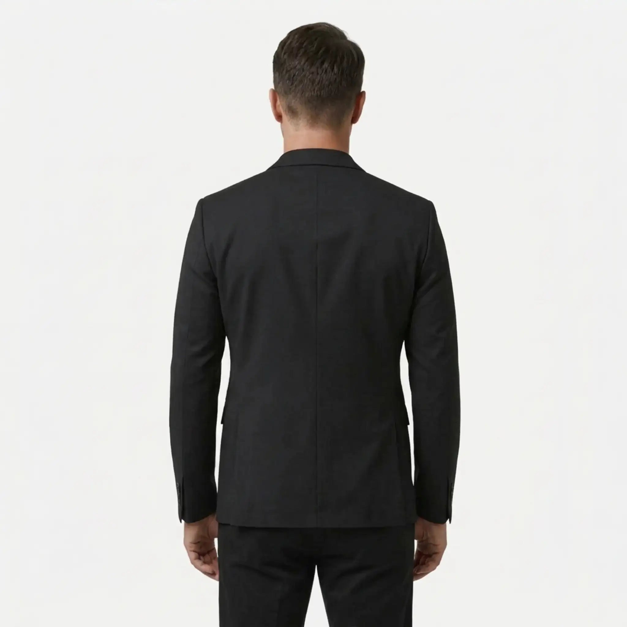 Men's black wool blend blazer, back view
