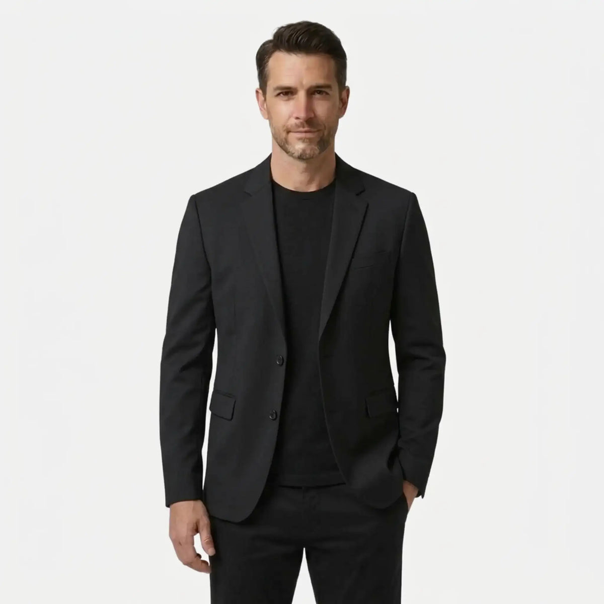 MannerCo men's black wool blend blazer, two-button slim fit, front view over black tee