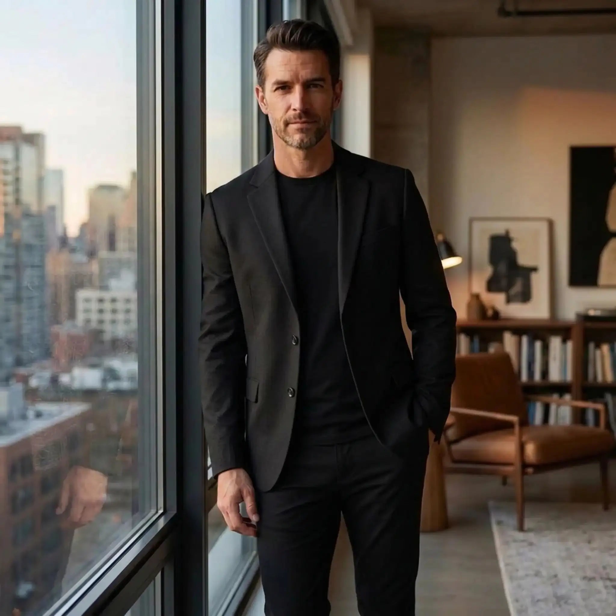 Black wool blend blazer worn by a window in a city apartment