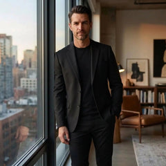 Black wool blend blazer worn by a window in a city apartment