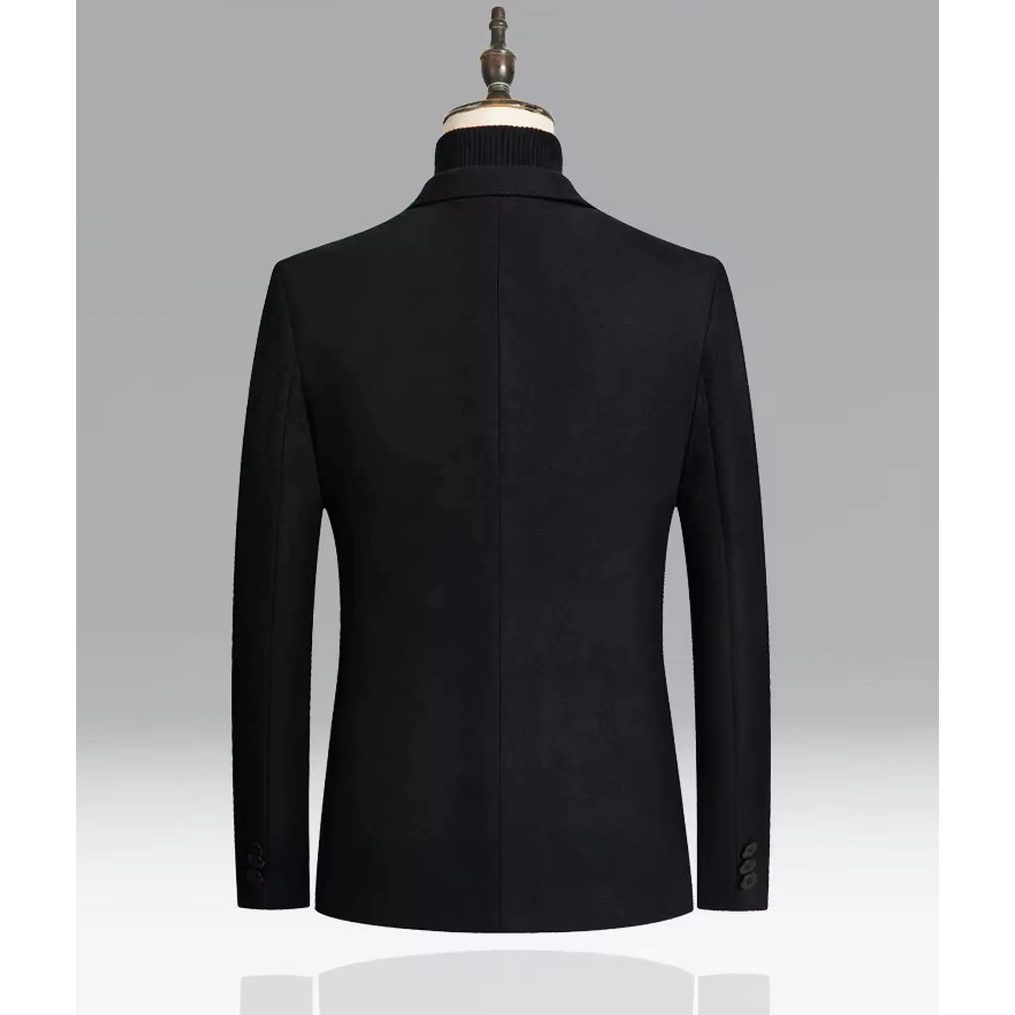 Black wool blend blazer on a mannequin, back view