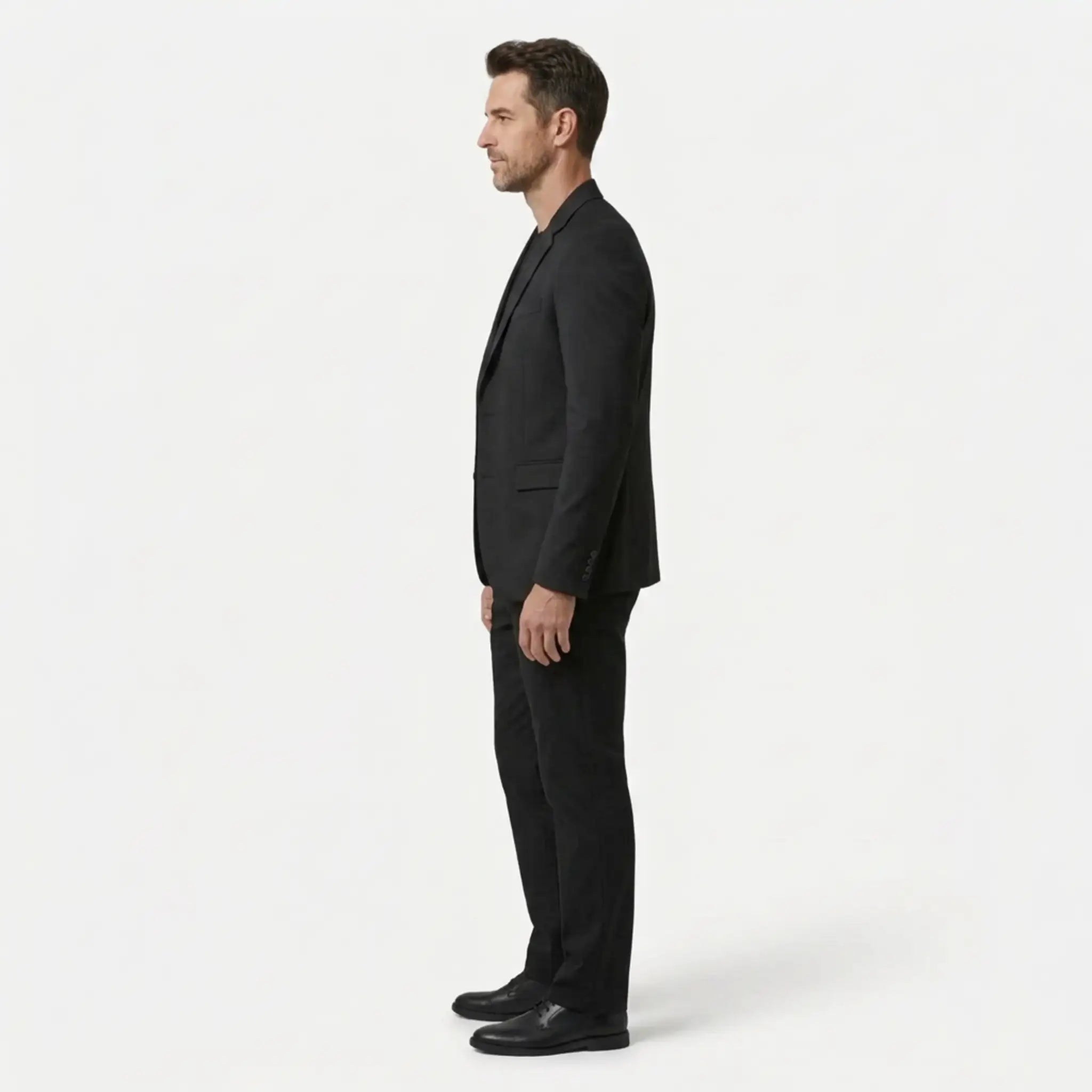Men's black wool blend blazer, side view