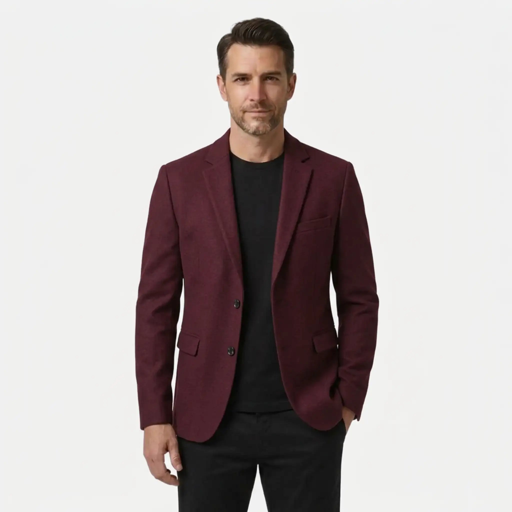 Men's claret wool blend blazer, two-button slim fit, front view over black tee