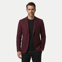 Men's claret wool blend blazer, two-button slim fit, front view over black tee