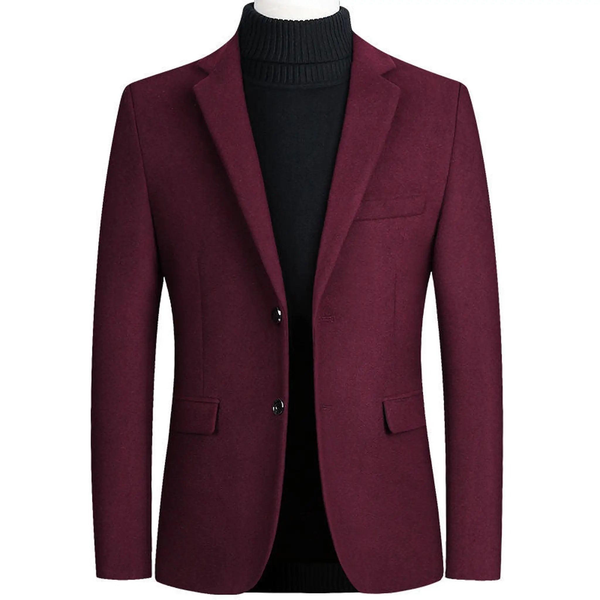 Claret wool blend blazer on a mannequin with notch lapel and flap pockets, front view