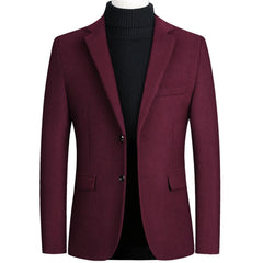 Claret wool blend blazer on a mannequin with notch lapel and flap pockets, front view