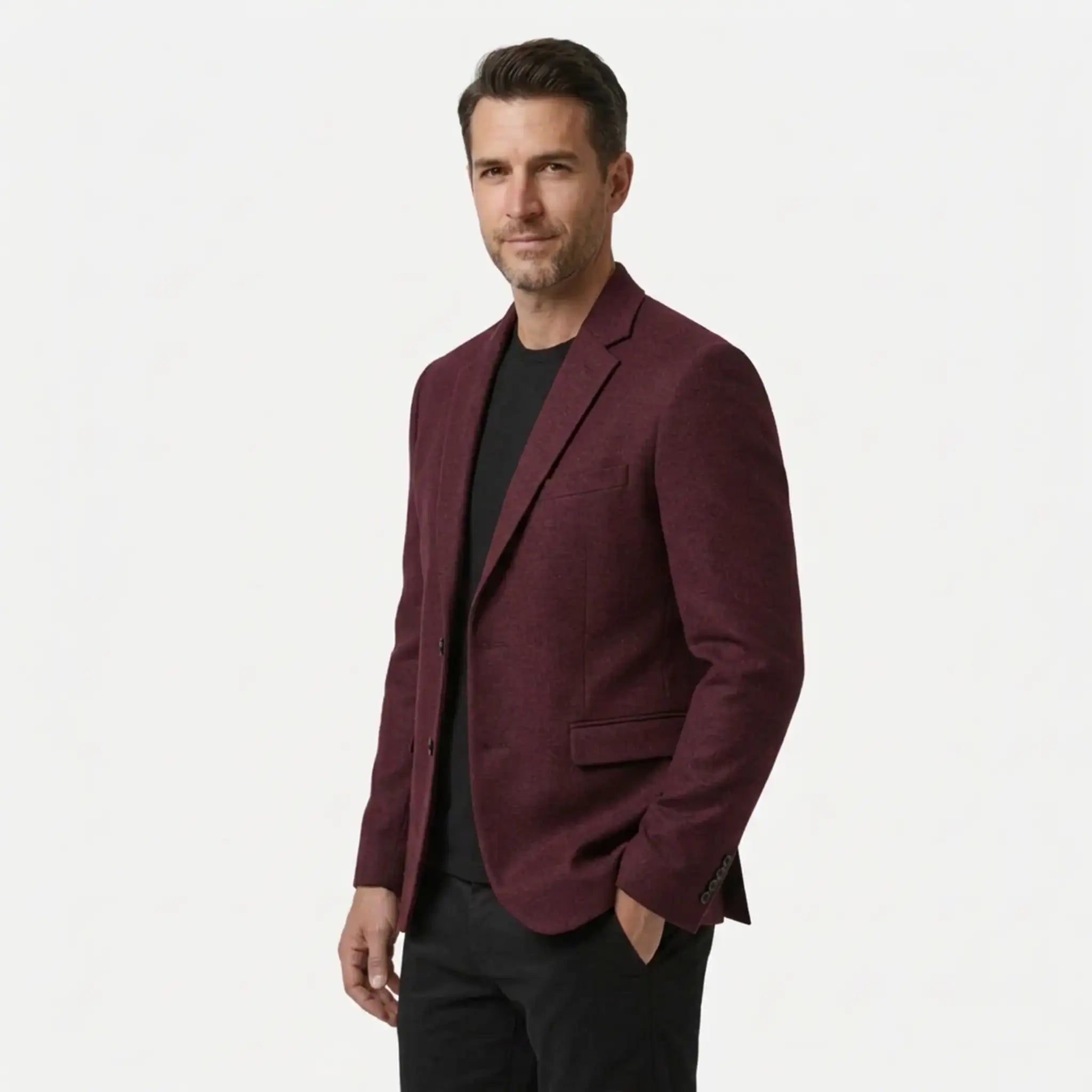 Men's claret wool blend blazer, side view