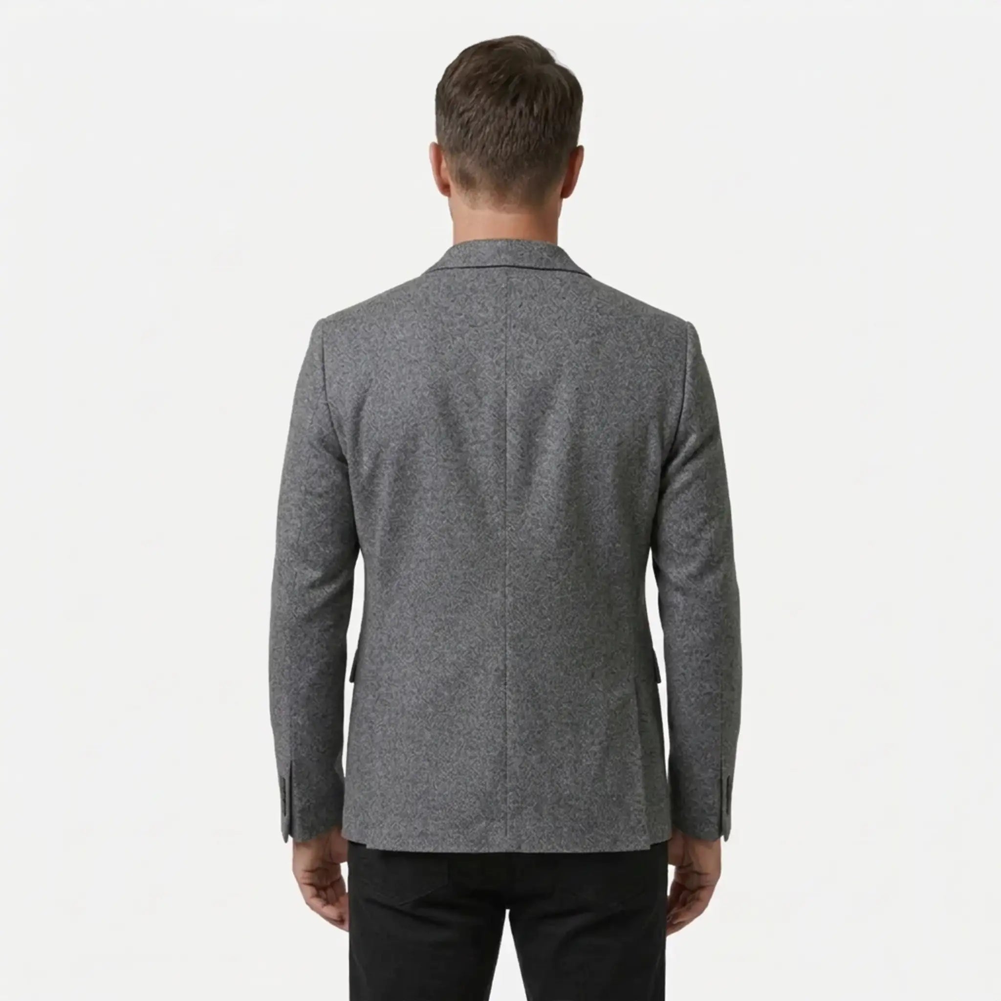 Men's grey wool blend blazer, back view