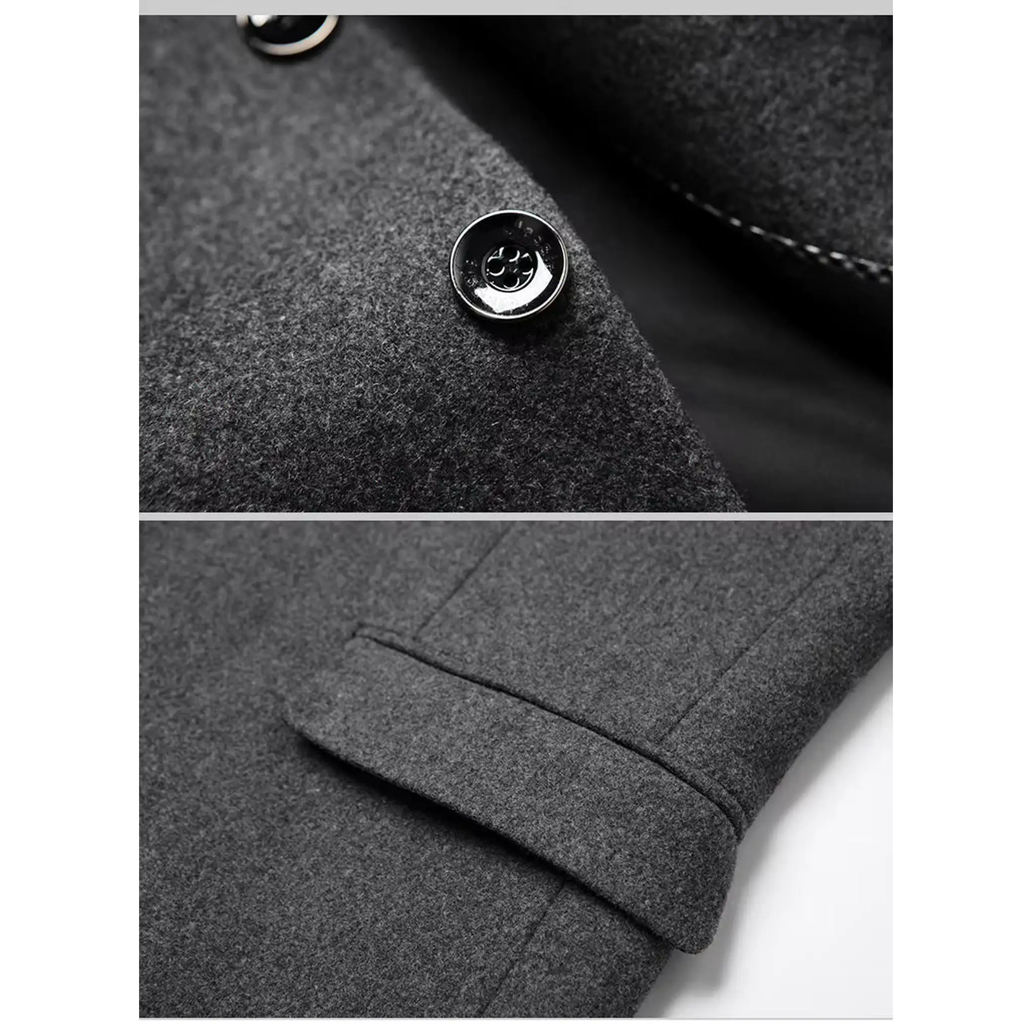 Grey wool blend blazer close-up of front button and flap pocket