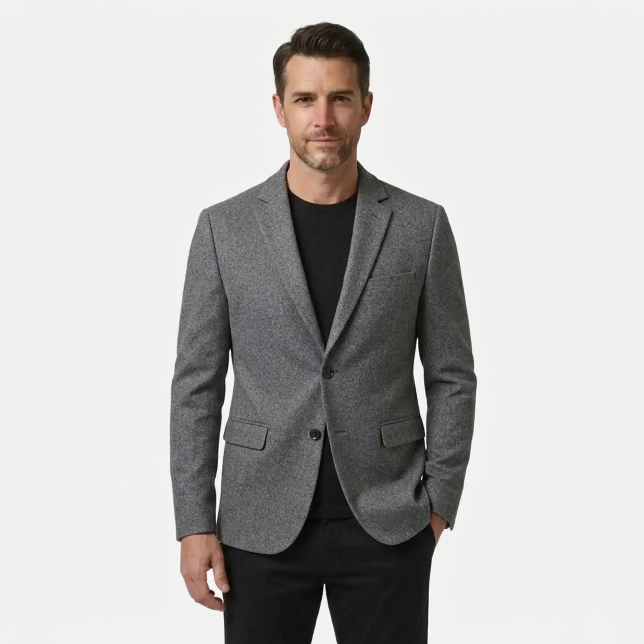Men's grey wool blend blazer, two-button slim fit, front view over black tee