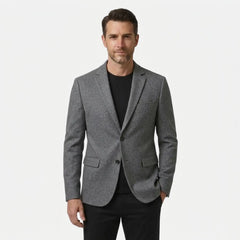 Men's grey wool blend blazer, two-button slim fit, front view over black tee
