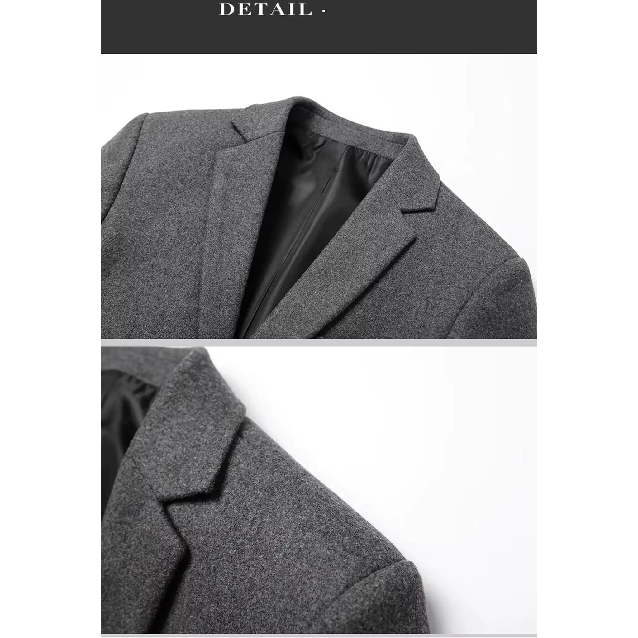 Grey wool blend blazer close-up of notch lapel detail