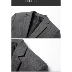 Grey wool blend blazer close-up of notch lapel detail
