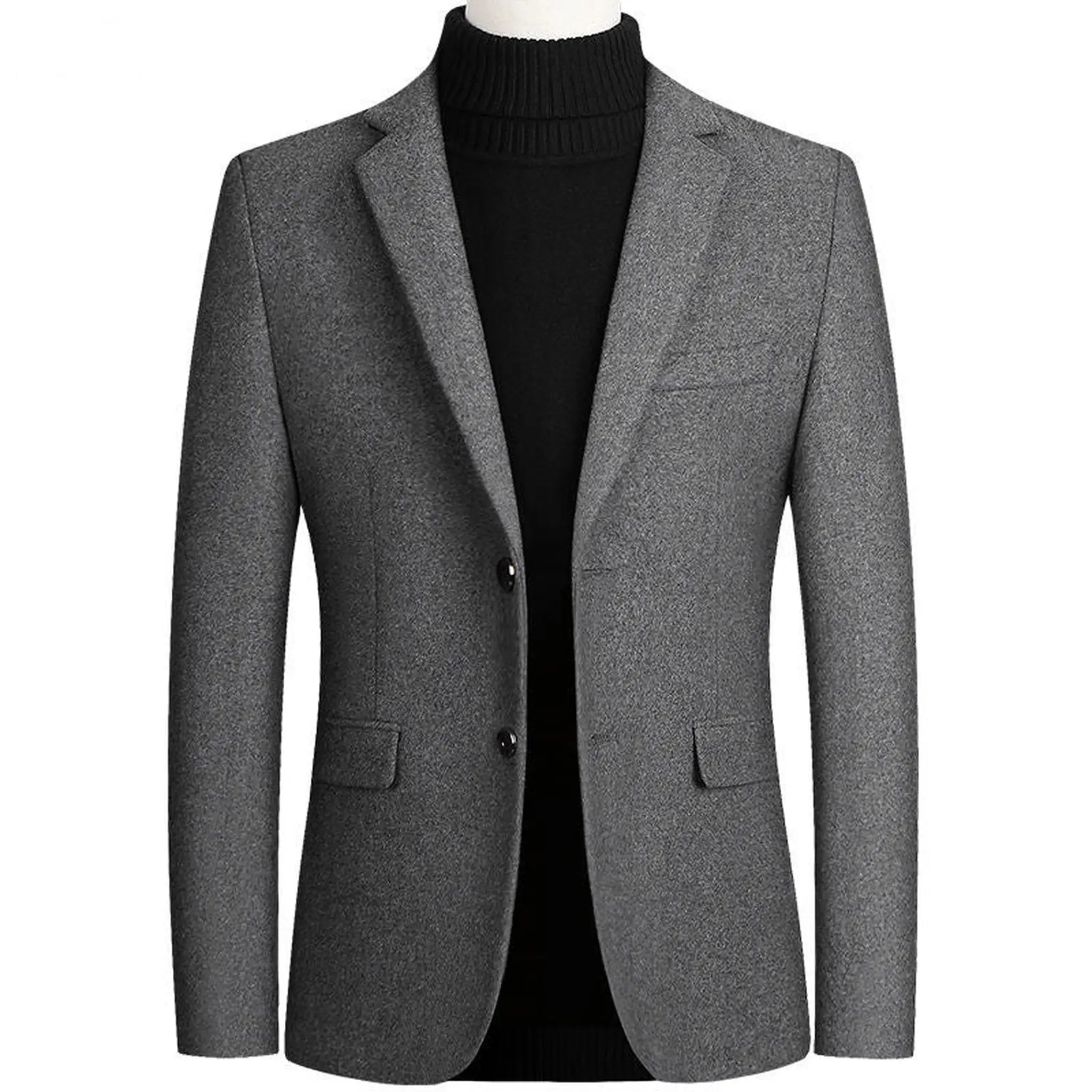 Grey wool blend blazer on a mannequin with notch lapel and flap pockets, front view