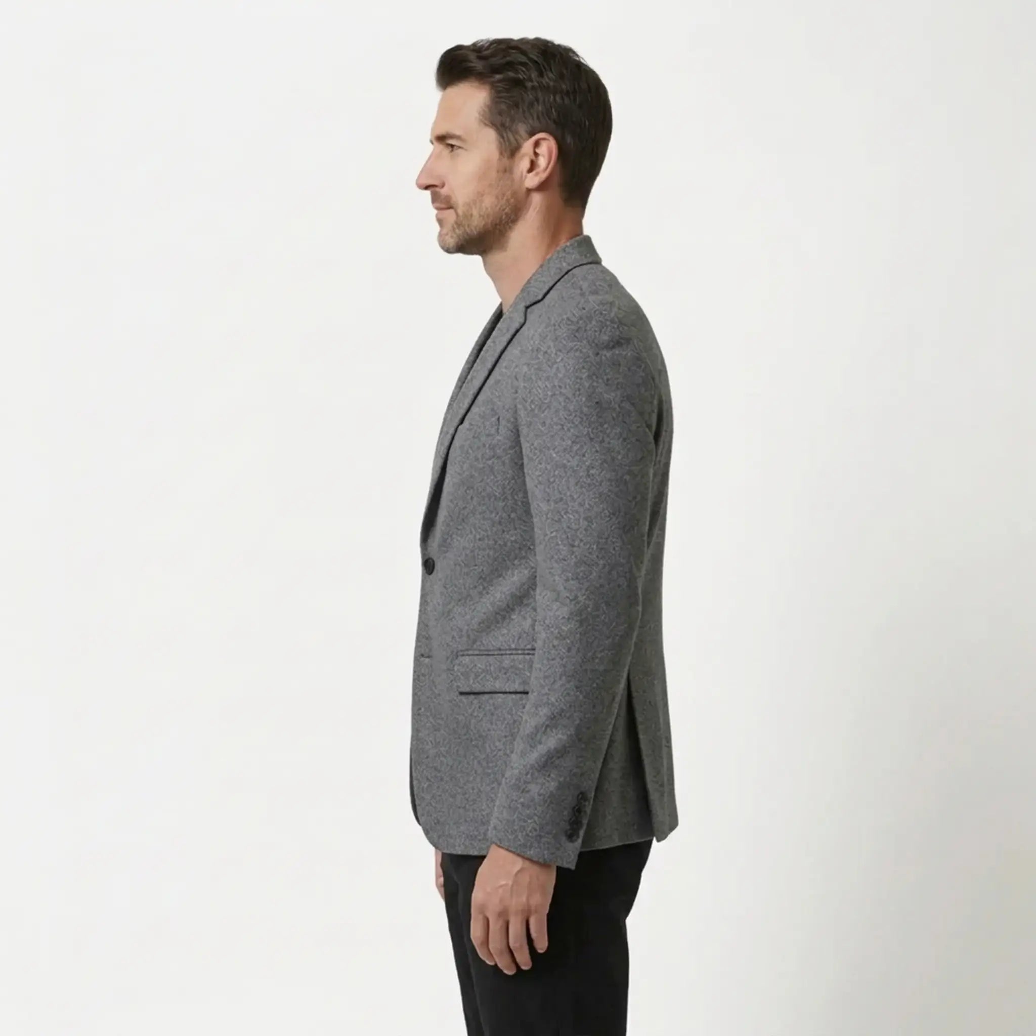 Men's grey wool blend blazer, side view