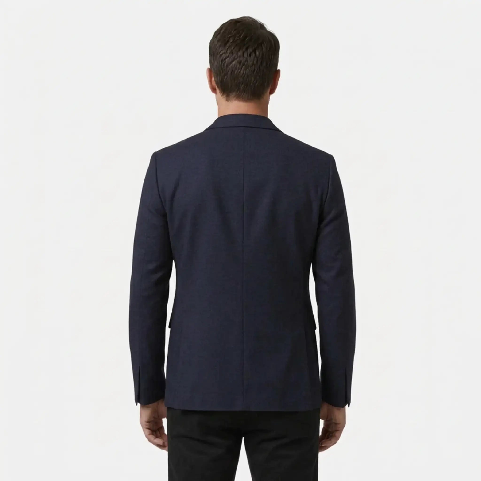 Men's navy wool blend blazer, back view