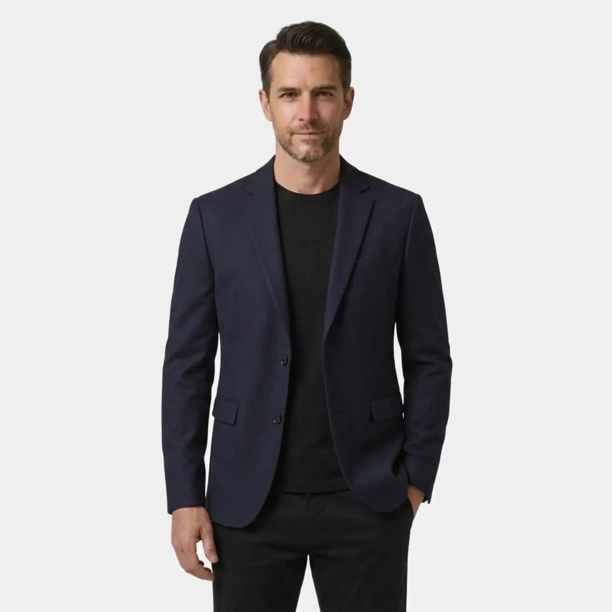 Men's navy wool blend blazer, two-button slim fit, front view over black tee
