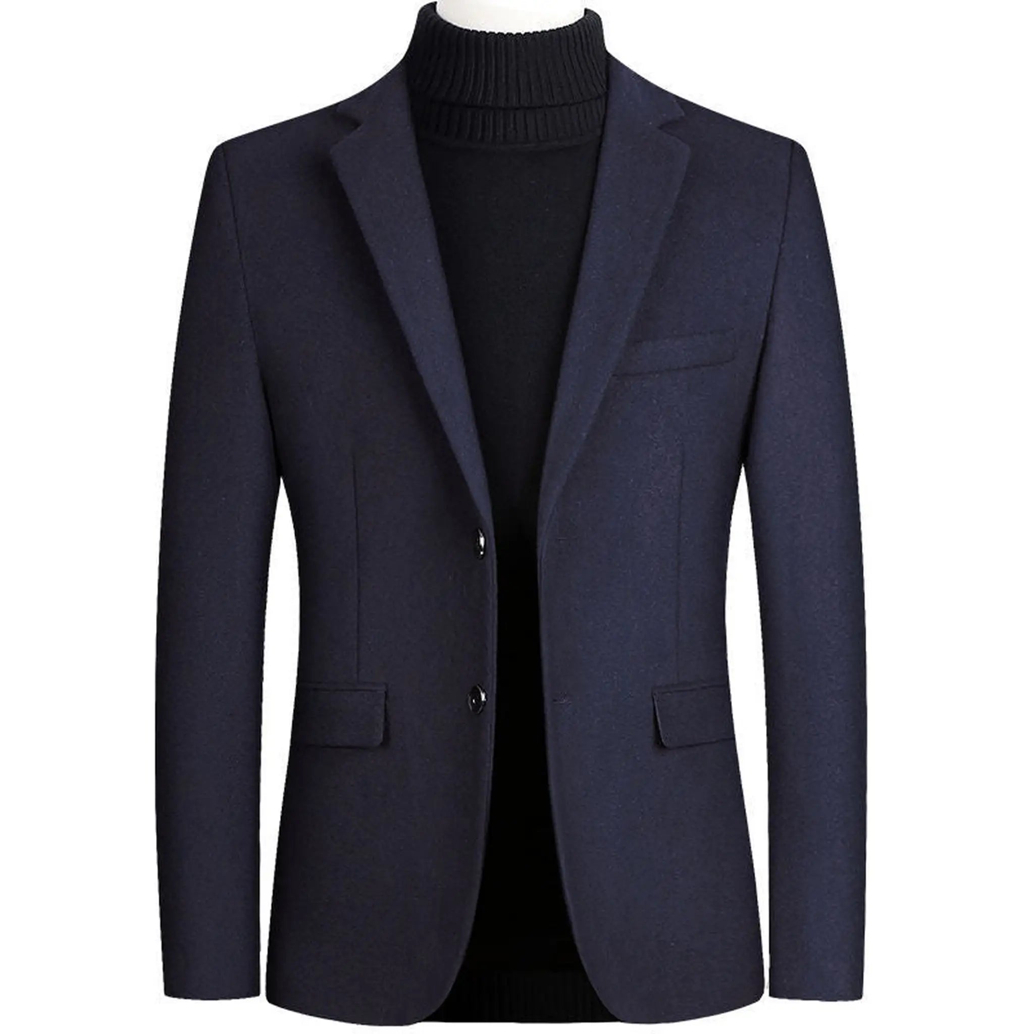 Navy wool blend blazer on a mannequin with notch lapel and flap pockets, front view