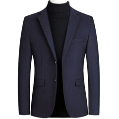 Navy wool blend blazer on a mannequin with notch lapel and flap pockets, front view