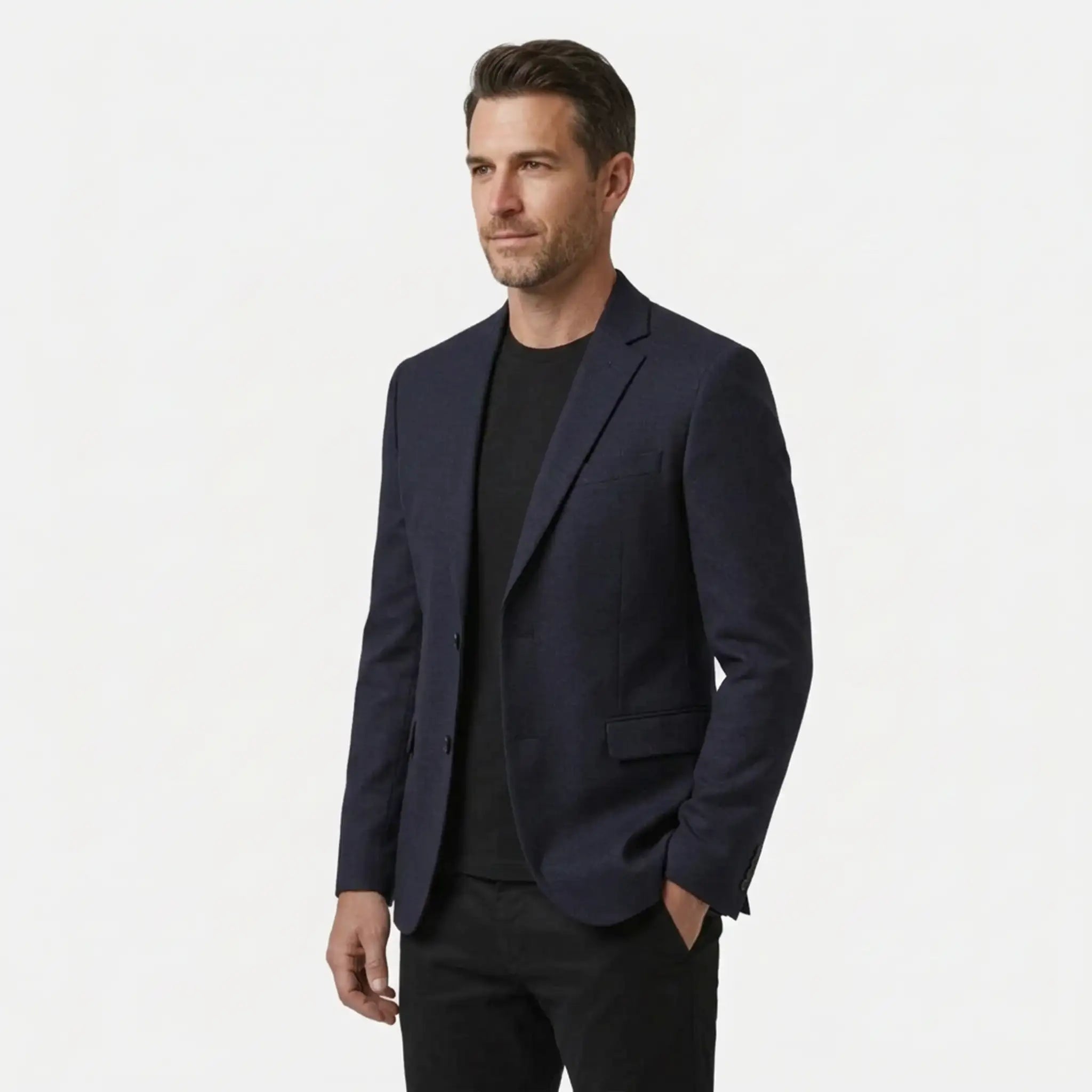 Men's navy wool blend blazer, side view