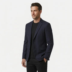 Men's navy wool blend blazer, side view