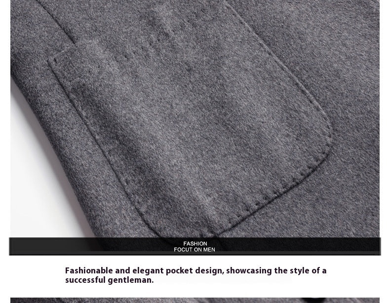 MannerCo men's wool overcoat chest pocket detail in gray showcasing precise stitching